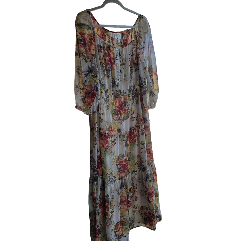 Women's Tree of Life Beige Red Floral Long Sleeve Maxi Dress Size M